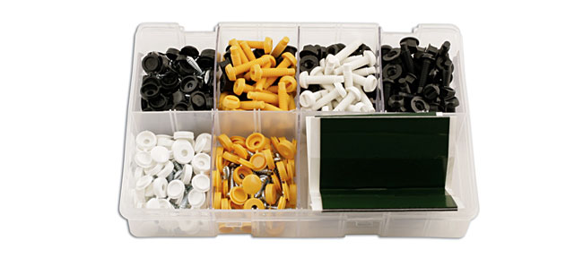 Box of assorted number plate fixings including colour coded nylon fixings, self-tappers, and sticky pads.